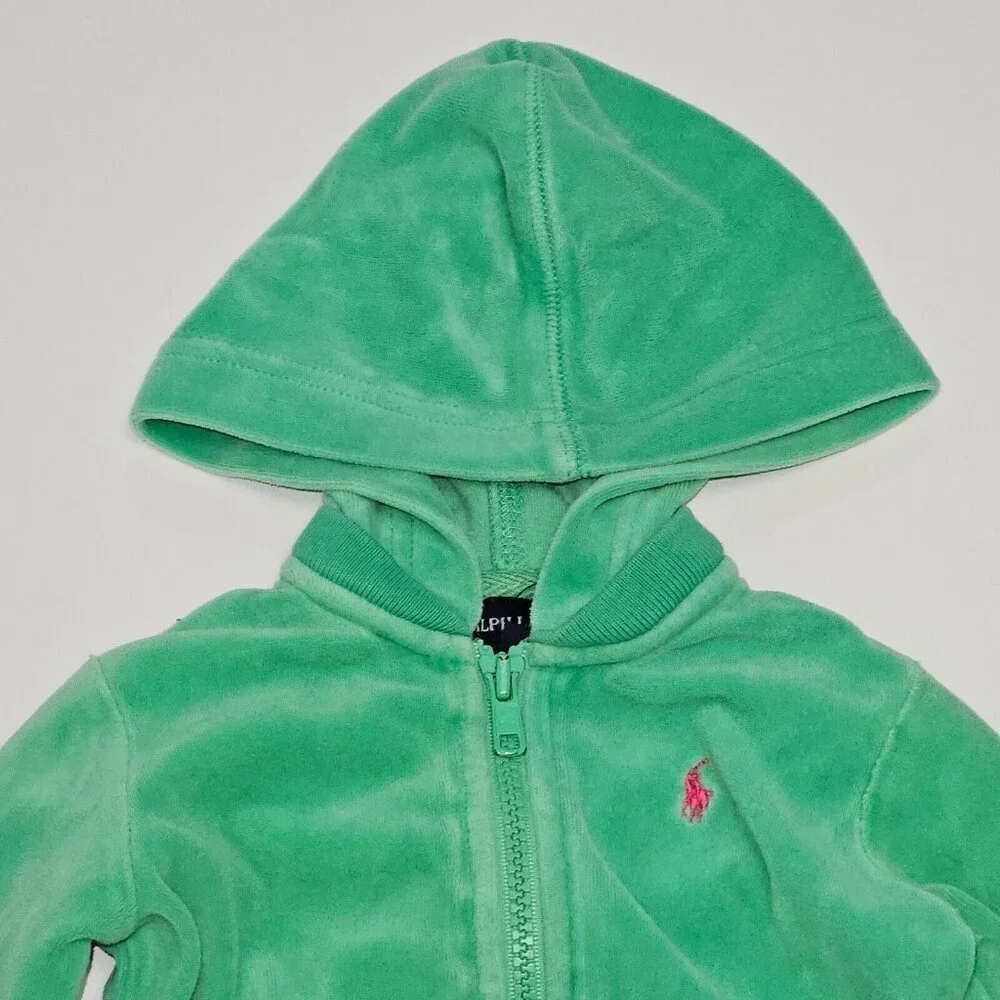 Ralph Lauren Green Velour Hoodie Full Zip Sweatshirt Baby Infant 9 Months READ